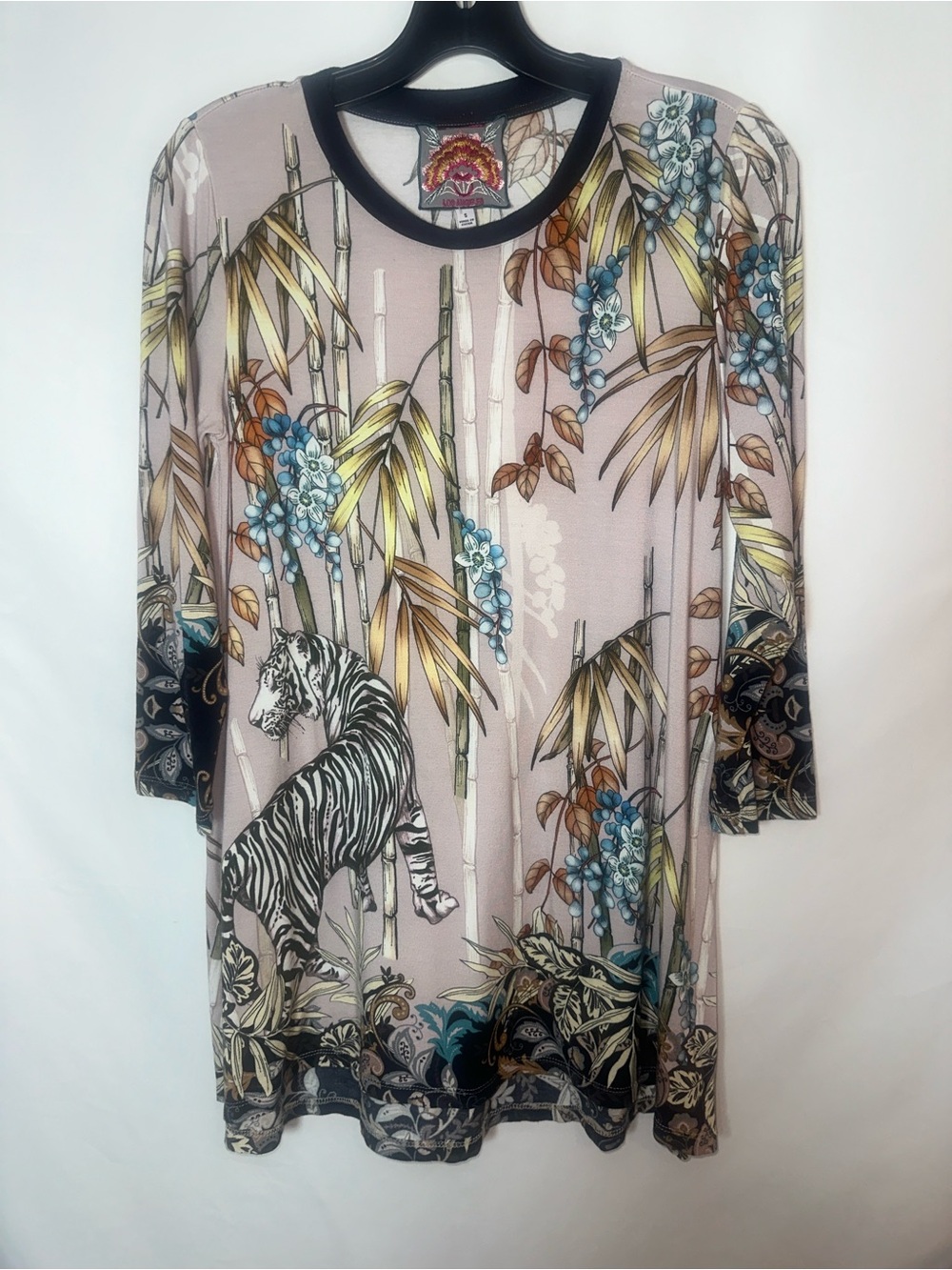 Johnny Was Taupe Bamboo & Tiger Print Tunic with Blue Accents